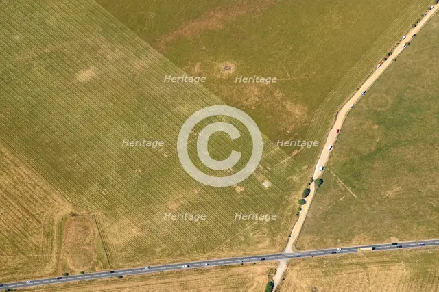 Parch mark of former WW1 military airfield which closed in 1921, Stonehenge Down, Wiltshire, 2022 Creator: Damian Grady.