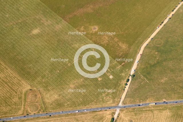 Parch mark of former WW1 military airfield which closed in 1921, Stonehenge Down, Wiltshire, 2022 Creator: Damian Grady.