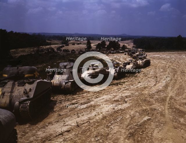 Parade of M-4 (General Sherman) and M-3 (General Grant) tanks in training ..., Ft. Knox, Ky., 1942. Creator: Alfred T Palmer.