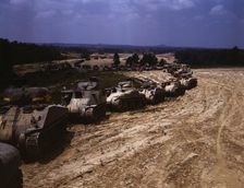 Parade of M-4 (General Sherman) and M-3 (General Grant) tanks in training ..., Ft. Knox, Ky., 1942. Creator: Alfred T Palmer