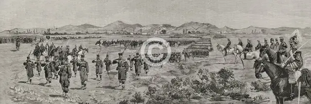 Parade of the troops after the review at Campos de Antezana (Antezana Fields), in the..., 1878. Creators: Bernardo Rico, Domingo Munoz.