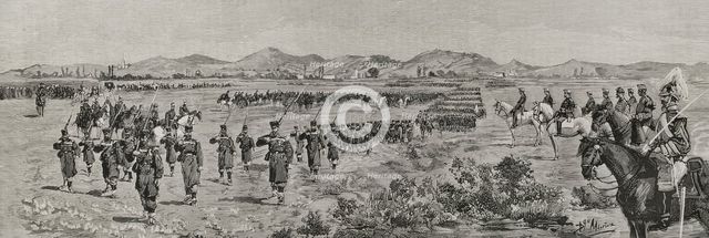 Parade of the troops after the review at Campos de Antezana (Antezana Fields), in the..., 1878. Creators: Bernardo Rico, Domingo Munoz.