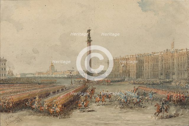 Parade of the Life-Guards Horse Regiment at the Palace Square.