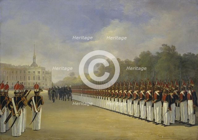 Parade of the Pavlovsky Guard Regiment on the Field of Mars in Saint Petersburg, 1830s. Artist: Ladurner, Adolphe (1798-1856)