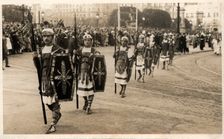 Parade of the Roman guard Armats on Easter procession passing through the Catalonia square in B…