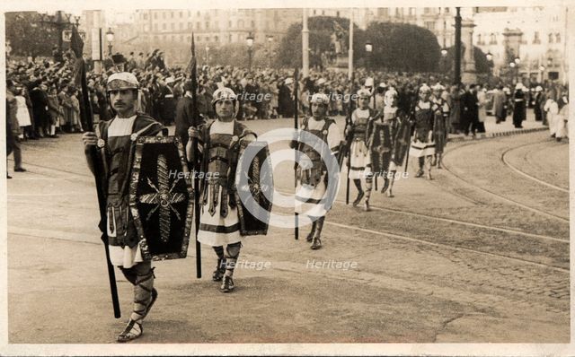 Parade of the Roman guard 'Armats' on Easter procession passing through the Catalonia square in B…