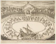 Parade float in the form of a ship, coat of arms of the Grand Duke of Modena at top, 1652. Creator: Stefano della Bella
