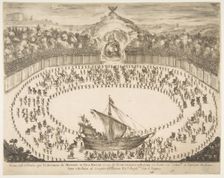 Parade float in the form of a ship, coat of arms of the Grand Duke of Modena at top, 1652. Creator: Stefano della Bella