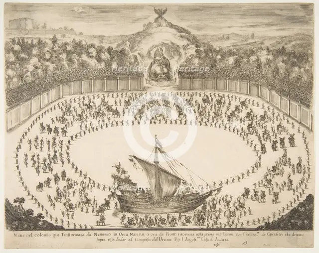 Parade float in the form of a ship, coat of arms of the Grand Duke of Modena at top, 1652. Creator: Stefano della Bella.