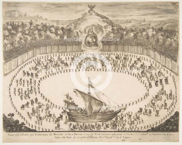 Parade float in the form of a ship, coat of arms of the Grand Duke of Modena at top, 1652. Creator: Stefano della Bella.