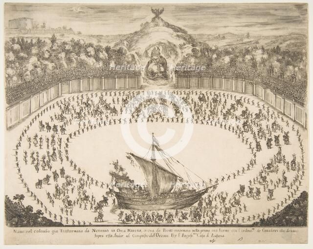 Parade float in the form of a ship, coat of arms of the Grand Duke of Modena at top, 1652. Creator: Stefano della Bella.