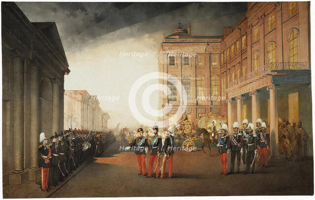 Parade in front of the Anichkov Palace on 26 February 1870, 1870. Artist: Zichy, Mihály (1827-1906)