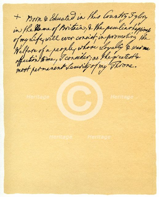 Paragraph written by George III for insertion in a speech, 1760.Artist: King George III
