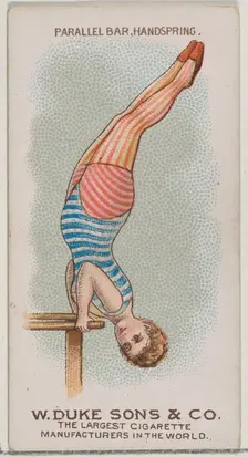 Parallel Bar, Handspring, from the Gymnastic Exercises series (N77) for Duke brand cigaret..., 1887. Creator: Unknown