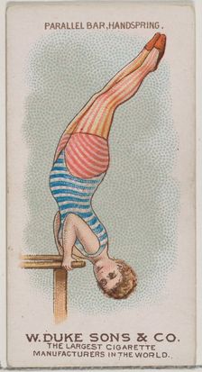 Parallel Bar, Handspring, from the Gymnastic Exercises series (N77) for Duke brand cigaret..., 1887. Creator: Unknown