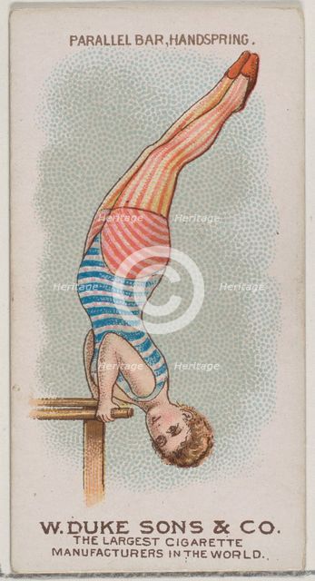Parallel Bar, Handspring, from the Gymnastic Exercises series (N77) for Duke brand cigaret..., 1887. Creator: Unknown.