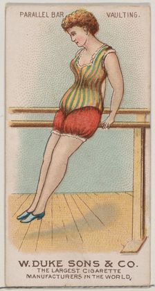 Parallel Bars, Vaulting, from the Gymnastic Exercises series (N77) for Duke brand cigarett..., 1887. Creator: Unknown