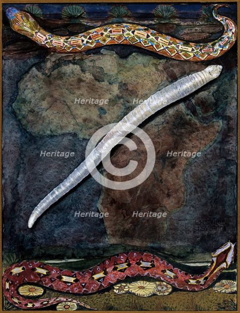 Parasites: a parasitical worm, shown much enlarged, with its hosts, c1930. Creator: J Svoboda.