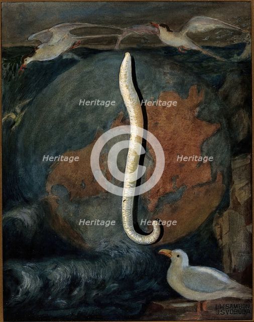 Parasites: a parasitical worm, shown much enlarged, with its hosts, c1930. Creator: J Svoboda.