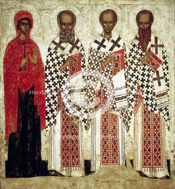Paraskeva Pyatnitsa, Gregory the Theologian, John Chrysostom and Basil the Great, early 15th century Creator: Russian icon.