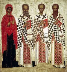 Paraskeva Pyatnitsa, Gregory the Theologian, John Chrysostom and Basil the Great, early 15th century Creator: Russian icon