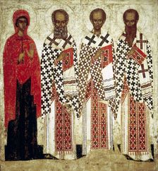 Paraskeva Pyatnitsa, Gregory the Theologian, John Chrysostom and Basil the Great, early 15th century Creator: Russian icon