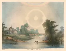Parhelia (mock suns) combined with a halo and rainbow, 1721 (1845). Creator: Unknown