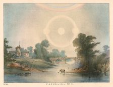 Parhelia (mock suns) combined with a halo and rainbow, 1721 (1845). Creator: Unknown