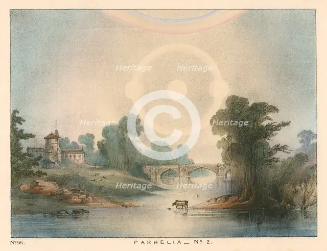 Parhelia (mock suns) combined with a halo and rainbow, 1721 (1845).   Creator: Unknown.