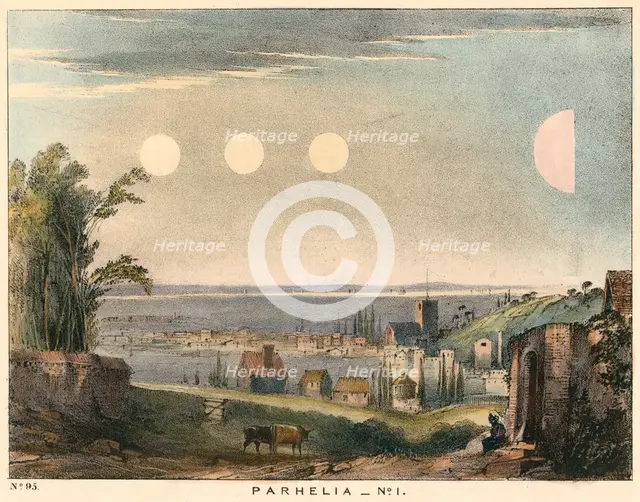 Parhelia (mock suns) without haloes, observed in England in 1698, (1845). Creator: Unknown.