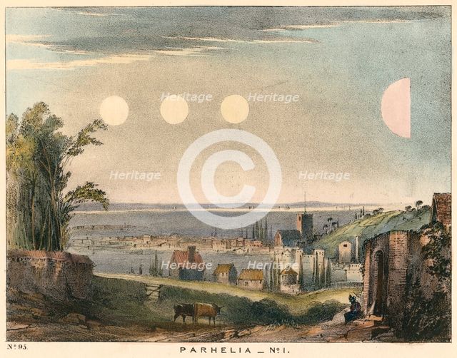 Parhelia (mock suns) without haloes, observed in England in 1698, (1845). Creator: Unknown.