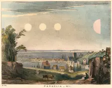 Parhelia (mock suns) without haloes, observed in England in 1698, (1845). Creator: Unknown