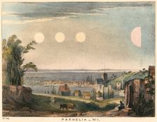 Parhelia (mock suns) without haloes, observed in England in 1698, (1845). Creator: Unknown