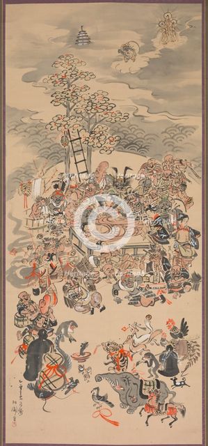 Parinirvana with Otsu-e Subjects, 1800s. Creator: Hakuen (Japanese, active 1850-1870).