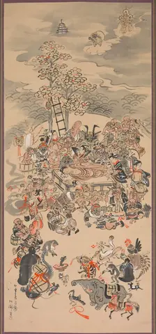 Parinirvana with Otsu-e Subjects, 1800s. Creator: Hakuen (Japanese, active 1850-1870)