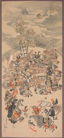 Parinirvana with Otsu-e Subjects, 1800s. Creator: Hakuen (Japanese, active 1850-1870)