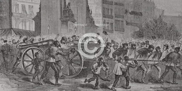 Paris Commune, France: The insurgents dragging the cannons to Montmartre, 1871. Creator: Manuel Ricord.