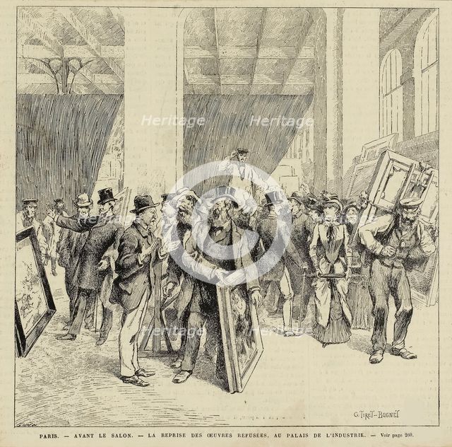Paris. Before the Salon. The return of rejected works, at the Palais de l'Industrie, 1883. Creator: Charles Gillot.