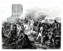 Paris besieged by the Normans in the year 888. Engraving from 1853