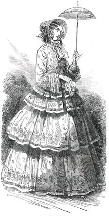 Paris Fashions for August - Promenade Dress, 1850. Creator: Unknown