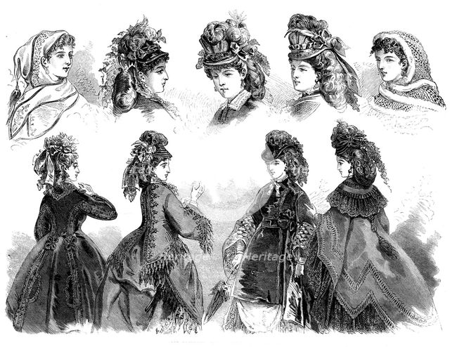 Paris fashions: head-dresses and mantles, 1871. Creator: Unknown.