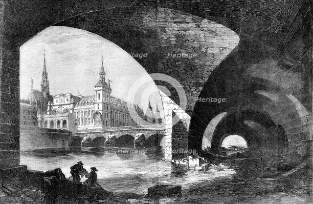 Paris Improvements: the Palais de Justice, Sainte Chapelle, and Pont au Change, 1857. Creator: D Lancelot.