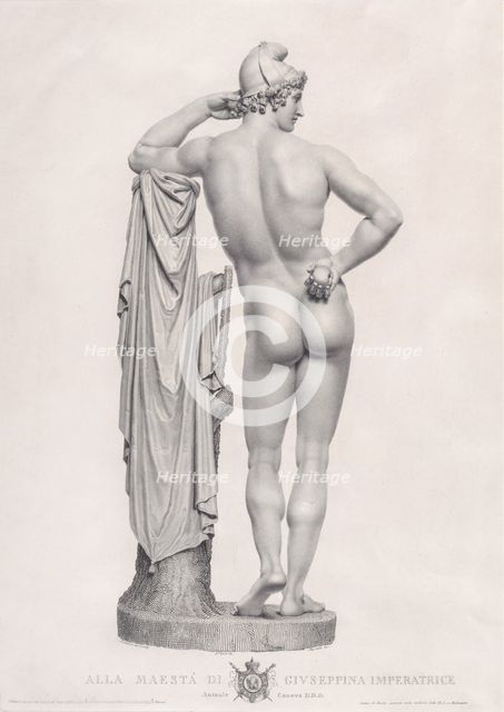 Paris leaning on tree stump, back view. from "Oeuvre de Canova: Recueil de Statues ...", 1817. Creator: Giovanni Tognolli.