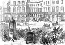 Paris Municipal Guard dispersing the crowd at the St. Lazare Railway Station, 1874. Creator: Unknown