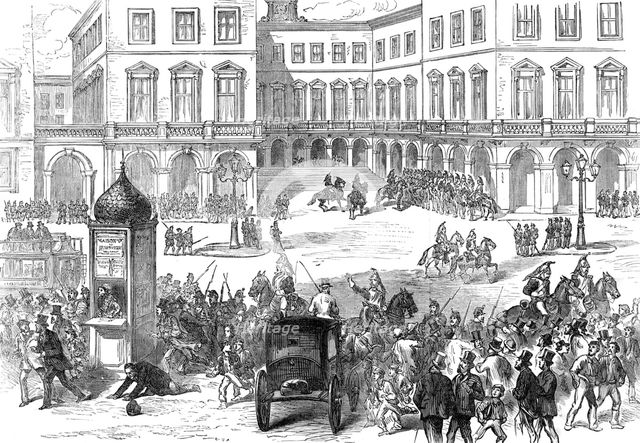 Paris Municipal Guard dispersing the crowd at the St. Lazare Railway Station, 1874. Creator: Unknown.