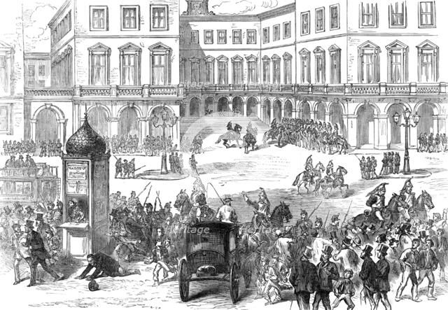 Paris Municipal Guard dispersing the crowd at the St. Lazare Railway Station, 1874. Creator: Unknown.