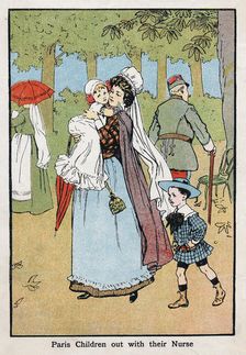 Paris nursemaid giving her charges fresh air in the Champs Elysees, c1890