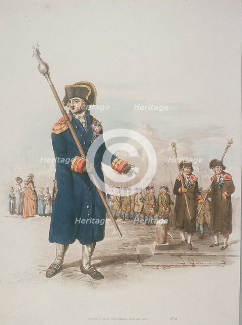 Parish Beadle in civic costume holding a staff, 1805. Artist: William Henry Pyne