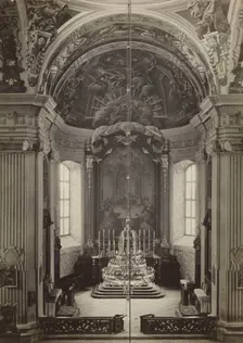 Parish Church of the Corpus Christi - presbytery with main altar retable, Nyasvizh, around 1930. Creator: Boleslaw Tauroginski