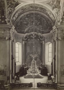 Parish Church of the Corpus Christi - presbytery with main altar retable, Nyasvizh, around 1930. Creator: Boleslaw Tauroginski